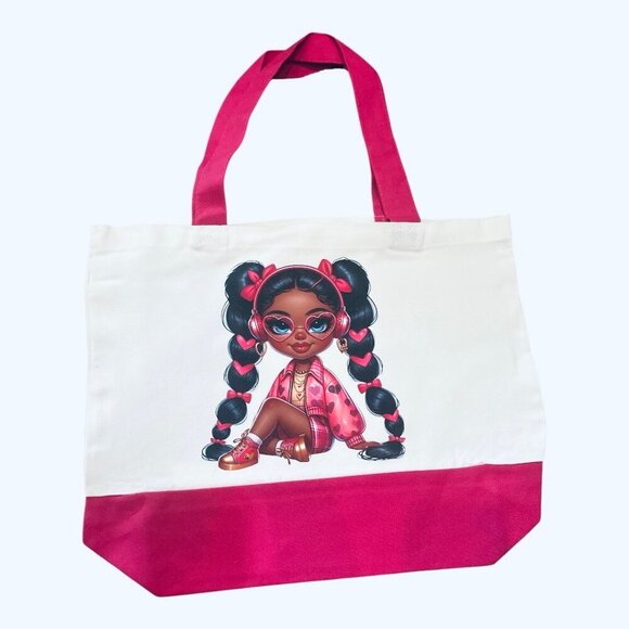 Large Magenta & White with Trendy Girl Graphic Canvas Tote  - New - Picture 1 of 5